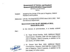 Assigning the charge of the post of Registrar, District Pulwama and Kupwara.