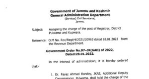 Assigning the charge of the post of Registrar, District Pulwama and Kupwara.