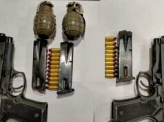 Flash: Joint operation was established today at Shuhama, Hadura in #Ganderbal district On being signaled to stop, three persons tried to escape but were apprehended along with 2 pistols, 3 magazines and 2 Chinese grenades.