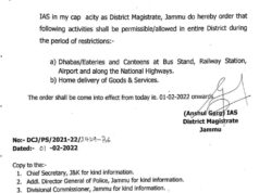DC Jammu, Anshul Garg issues order for permissible activities during restriction in Jammu.